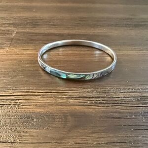 Silver Tone with Inlaid Shell Exterior Bangle Bracelet